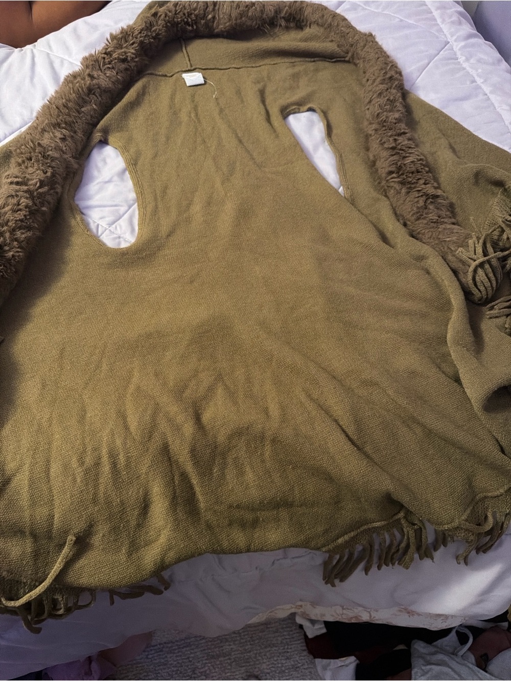 Olive Green Fringe Knit Jacket with Faux Fur Trim